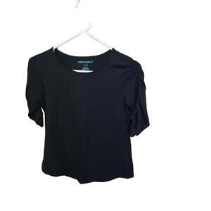 Cynthia Rowley Solid Black Top Rouche 3/4 Sleeves